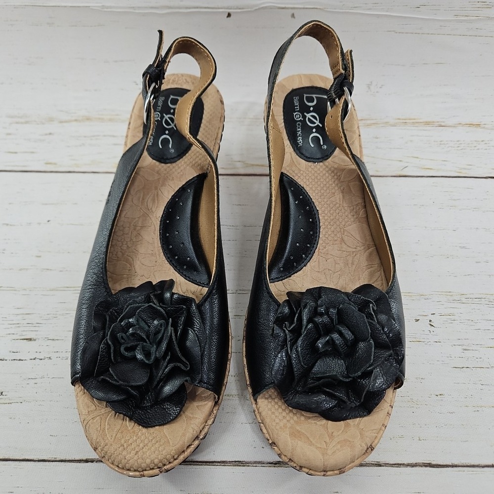 BOC Born Womens 7 Black Leather Blossom Flower Cork Wedge Slingback Sandal Shoe - Picture 3 of 11